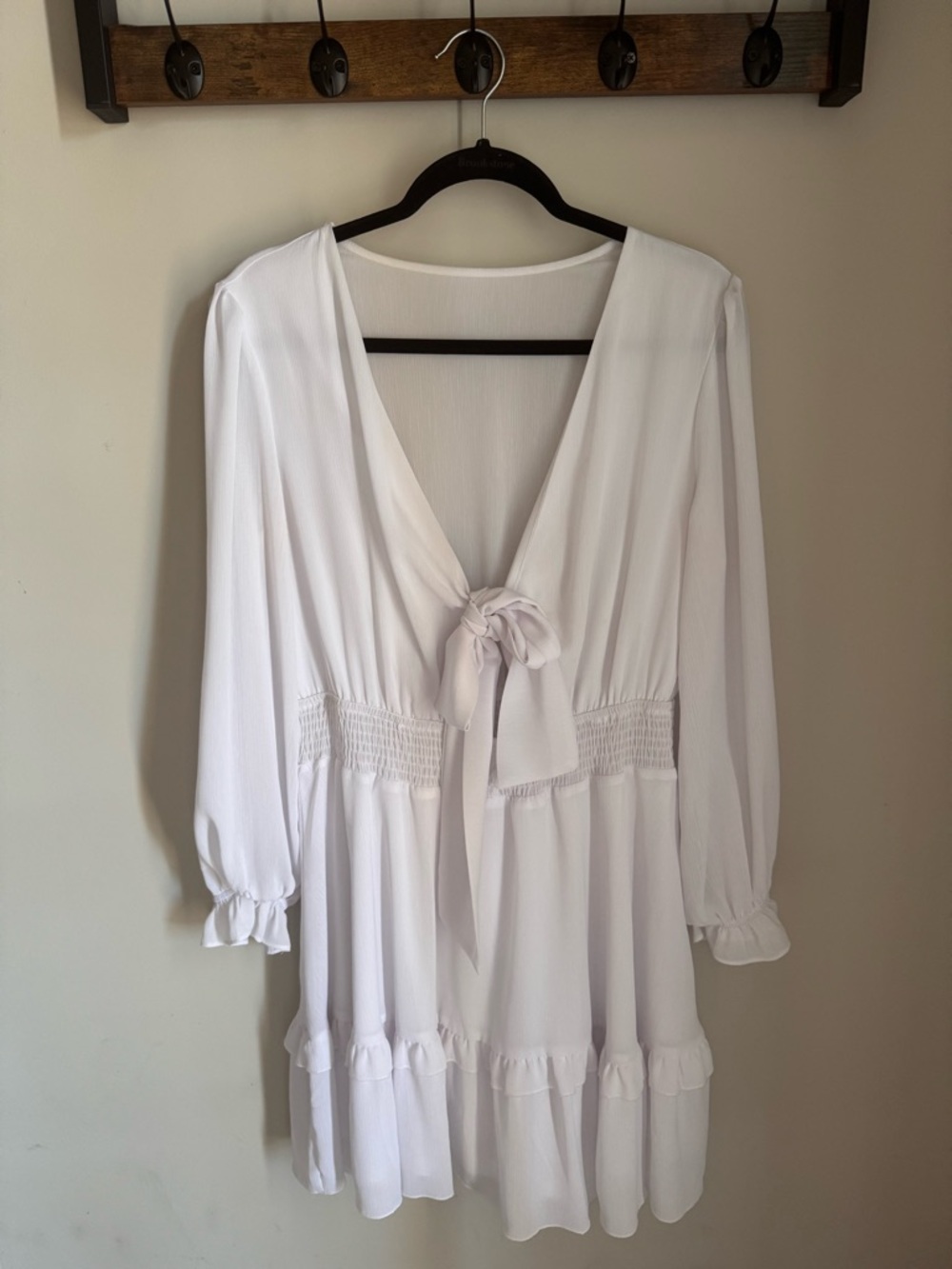 Amazon White Long Sleeve Mini Dress with Tie Front